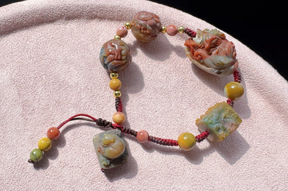 Natural Multi-color Old Mine Alashan Agate Hand Carved Charms Braided Bracelet, Alasha Bracelet, Carved Agate, 天然原矿老料阿拉善手工精雕狐狸手编手链
