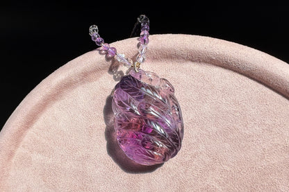 Large Naturual Amethyst Pendant Hand Carved Nine Tailed Fox and Phoenix, Brazilian Amethyst Fox and Phoenix Necklace, 天然巴西紫水晶手工雕刻九尾凤凰吊坠