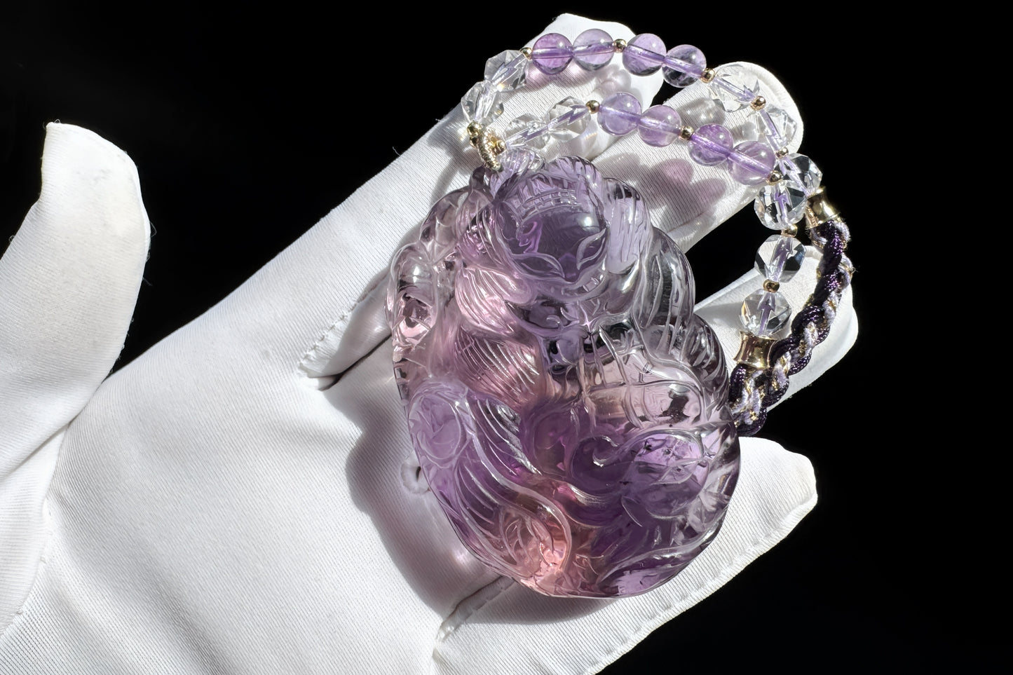 Large Naturual Amethyst Pendant Hand Carved Nine Tailed Fox and Phoenix, Brazilian Amethyst Fox and Phoenix Necklace, 天然巴西紫水晶手工雕刻九尾凤凰吊坠