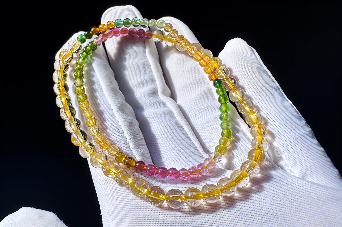 Natural Golden Rutile Quartz Beaded Bracelet with Rainbow Tourmaline, Tourmaline and Gold Rutilated Quartz Bracelet, 天然金发晶配天然碧玺双圈手串