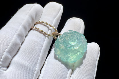 Certified Natural Green Aquamarine Carved Flower Pendant, Green Beryl with Mica inclusions, March Birthstone, 天然绿色海蓝宝雕刻花花吊坠