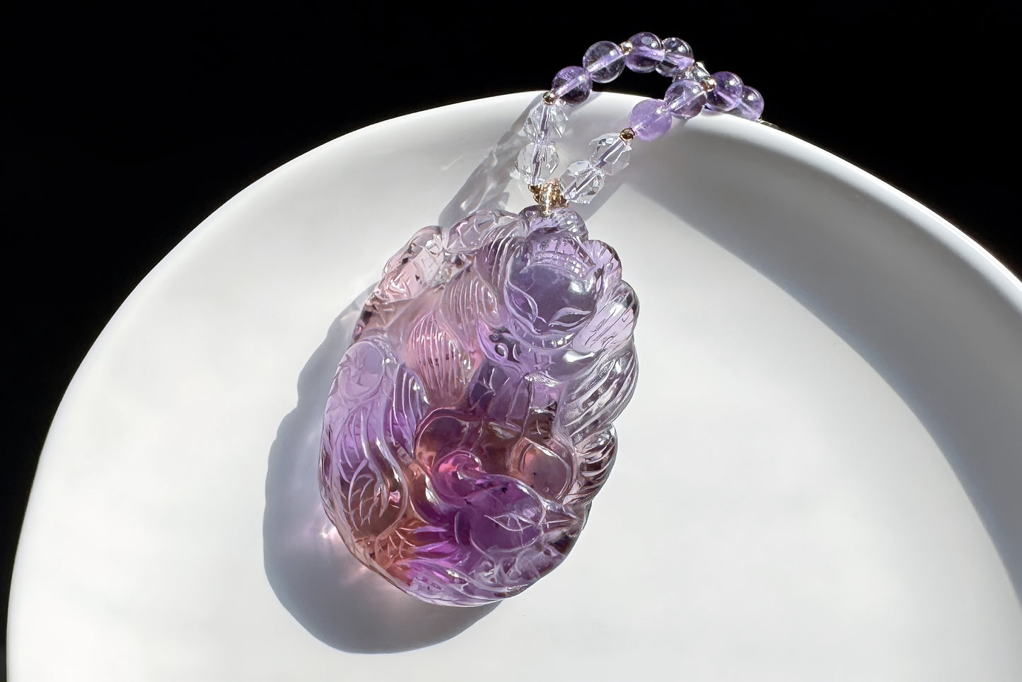 Large Naturual Amethyst Pendant Hand Carved Nine Tailed Fox and Phoenix, Brazilian Amethyst Fox and Phoenix Necklace, 天然巴西紫水晶手工雕刻九尾凤凰吊坠
