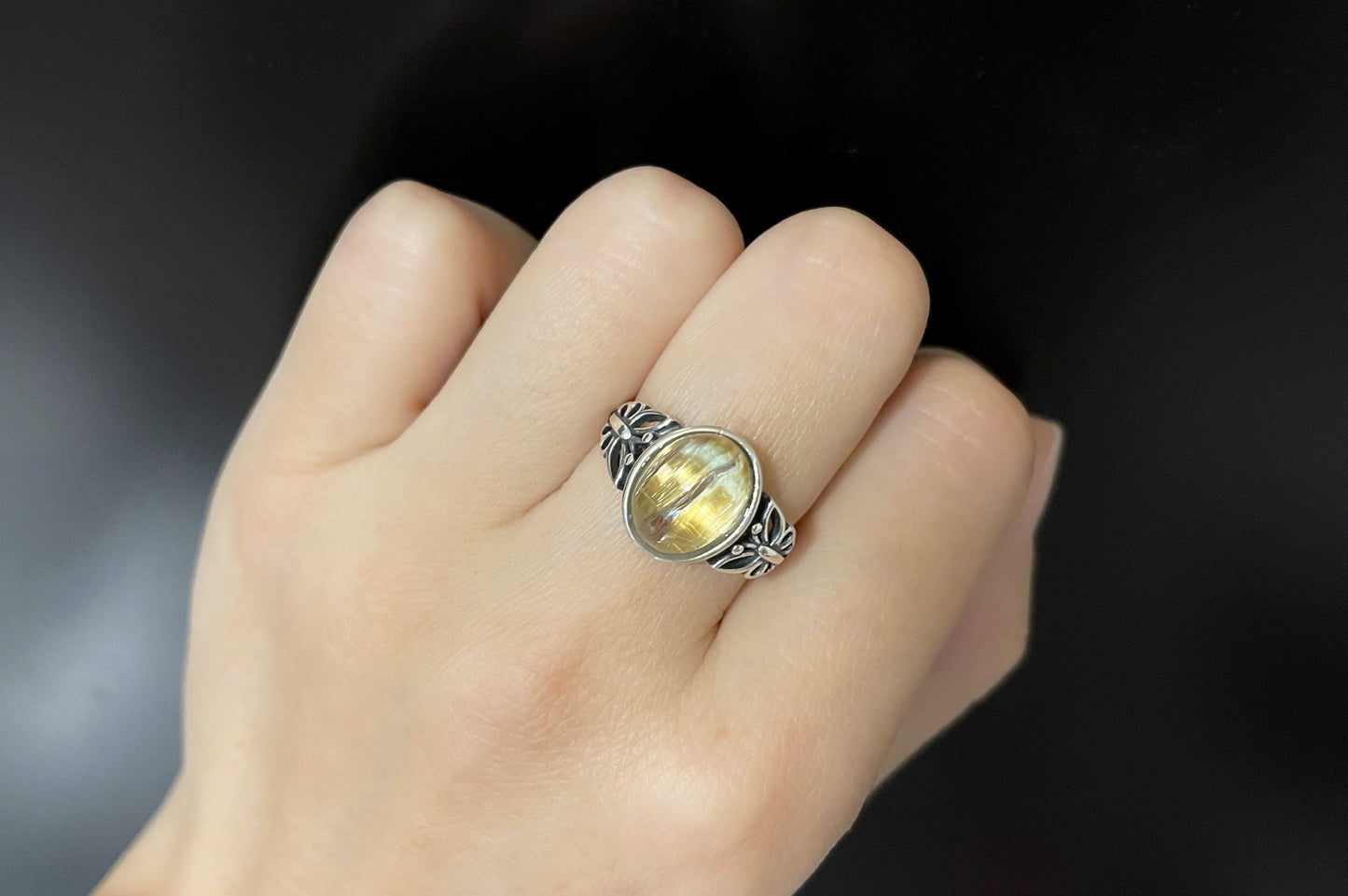 Top Grade Natural Golden Rutile Quartz Ring S925 Setting, Natural Golden Rutilated Quartz Ring, 天然钛晶板钛猫眼戒指925纯银戒托