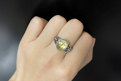 Top Grade Natural Golden Rutile Quartz Ring S925 Setting, Natural Golden Rutilated Quartz Ring, 天然钛晶板钛猫眼戒指925纯银戒托