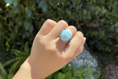 Natural Dominican Blue Larimar In 925 Silver Ring, 天然多米尼加海纹石镶嵌925银戒指