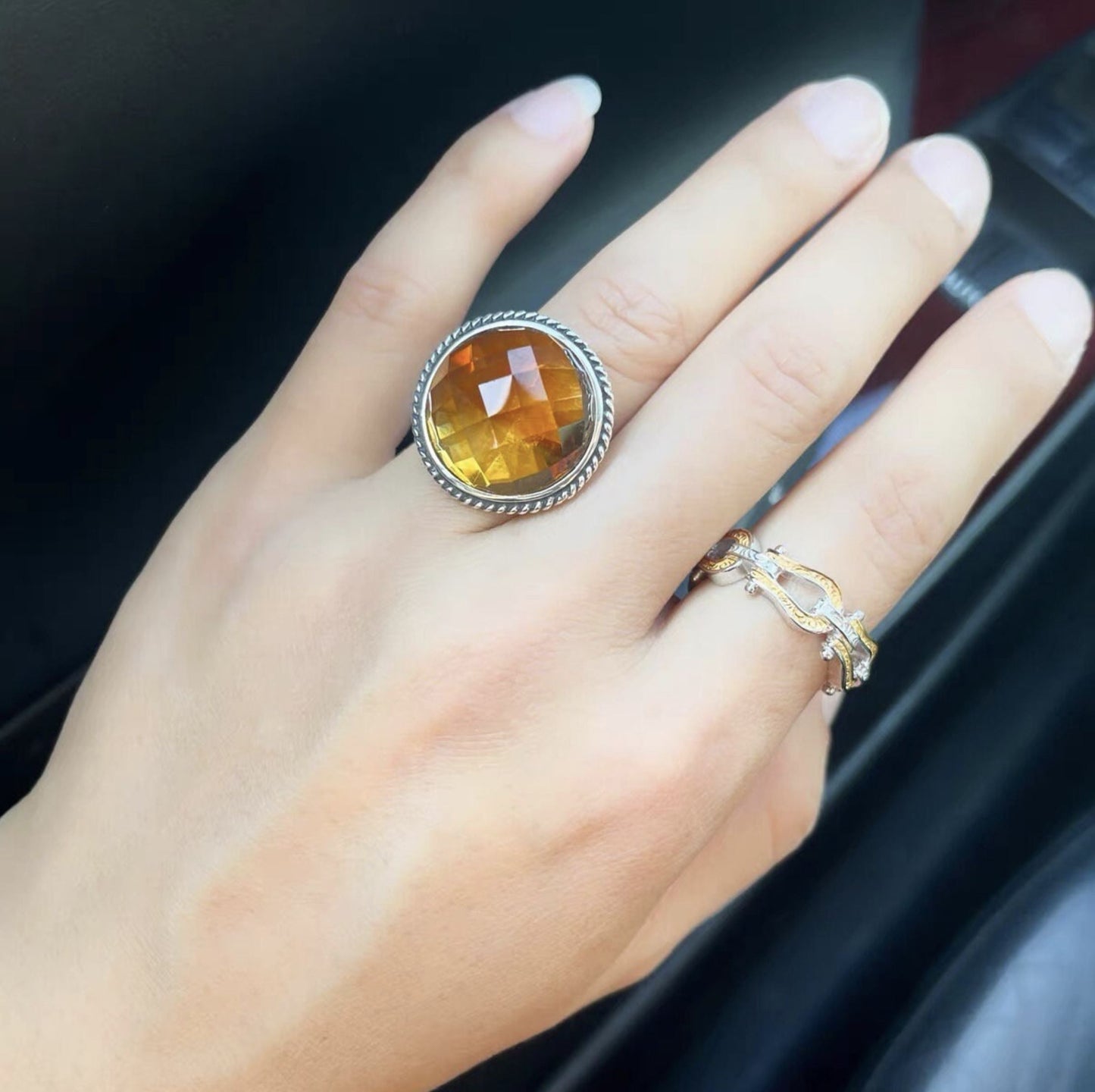 Certified Natural Gem Grade Brazilian Citrine In S925 Setting, Top Grade Large Citrine Ring, 天然巴西黄水晶戒面级暴力黄镶嵌S925银戒指