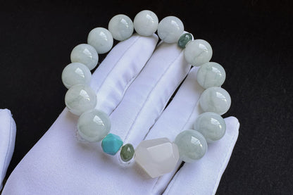 12mm Natural Grade A Jadeite Jade Bracelet with Mutton Fat Nephrite Jade, Blue Turquoise, Blue Jadeite Jade, 天然缅甸A货蓝底绿花翡翠细糯种手串羊脂白玉绿松