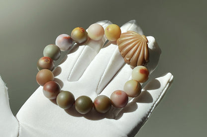 Natural Raw Yan Yuan Agate with Stone Skin Beaded Bracelet and Hand Carved Yan Yuan Agate Mermaid, 原矿包浆盐源手串搭配手工雕刻盐源美人鱼