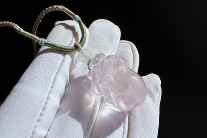 Certified Natural Mozambique Rose Quartz Hand Carved Pixiu Pendant, Rose Quartz Pixiu, 天然莫桑比克粉晶手工雕刻招财貔貅吊坠