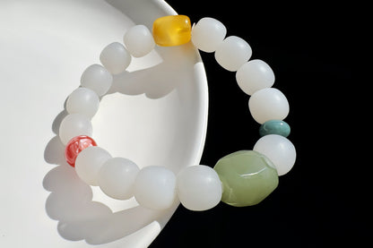 Natural Smokey Gray Hetian Nephrite Bracelet with Faceted Green Nephrite, Nanhong Agate, Blue Jadeite Jade, Nephrite Jade, 天然浅烟灰老型珠+晴水钻切+蓝翡+奶盖南红