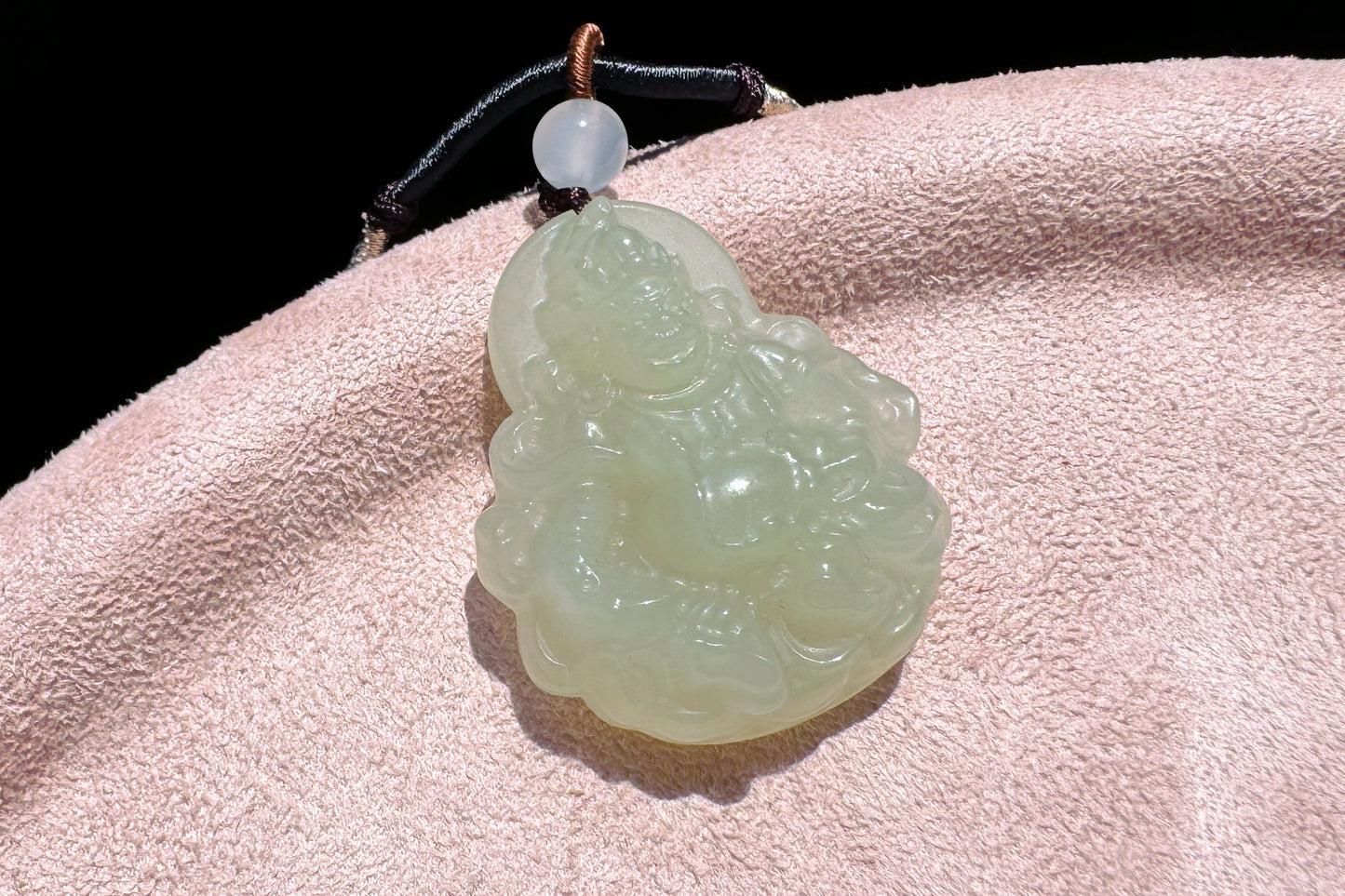 Certified Natural Icy Hetian Nephrite Mahakala Pendant, Carved Sunny Lake Green Nephrite Jade Pendant, 天然冰底晴水料和田玉大黑天吊坠