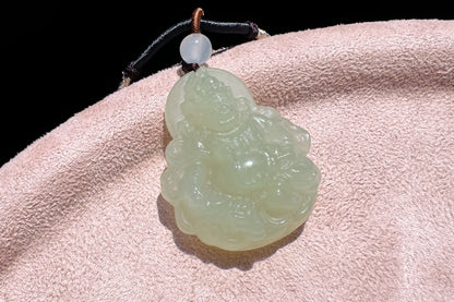 Certified Natural Icy Hetian Nephrite Mahakala Pendant, Carved Sunny Lake Green Nephrite Jade Pendant, 天然冰底晴水料和田玉大黑天吊坠