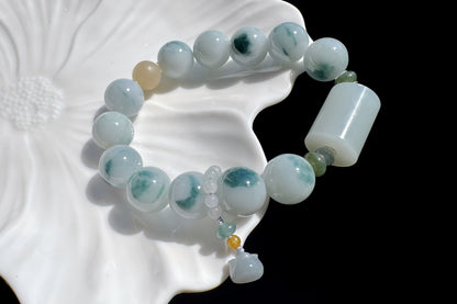 12mm Natural Grade A Jadeite Jade Bracelet with Blue Hetian Nephrite Jade Barrel, Blue Jadeite Jade with floating Blue flowers, 天然缅甸A货糯蓝底飘蓝花翡翠手串配糖玉