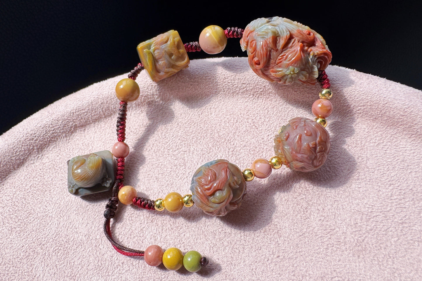 Natural Multi-color Old Mine Alashan Agate Hand Carved Charms Braided Bracelet, Alasha Bracelet, Carved Agate, 天然原矿老料阿拉善手工精雕狐狸手编手链