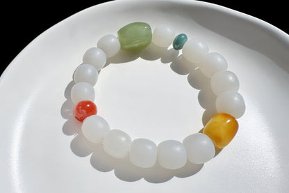 Natural Smokey Gray Hetian Nephrite Bracelet with Faceted Green Nephrite, Nanhong Agate, Blue Jadeite Jade, Nephrite Jade, 天然浅烟灰老型珠+晴水钻切+蓝翡+奶盖南红