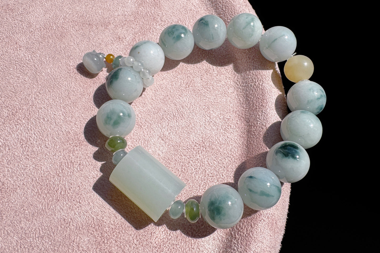 12mm Natural Grade A Jadeite Jade Bracelet with Blue Hetian Nephrite Jade Barrel, Blue Jadeite Jade with floating Blue flowers, 天然缅甸A货糯蓝底飘蓝花翡翠手串配糖玉