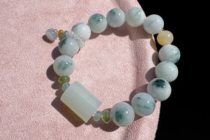 12mm Natural Grade A Jadeite Jade Bracelet with Blue Hetian Nephrite Jade Barrel, Blue Jadeite Jade with floating Blue flowers, 天然缅甸A货糯蓝底飘蓝花翡翠手串配糖玉