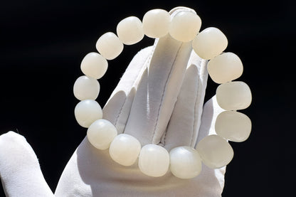 13mm Natural White Hetian Nephrite Bracelet, White Nephrite Jade Beads, Matte Nephrite Bracelet, 天然和田玉青海料一级白老型珠手串