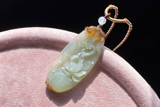 Certified Natural Hetian Sugar Brown Nephrite Hand Carved Koi Fish and Lotus Glower Pendant, 天然糖青白玉手工雕刻鱼戏荷莲吊坠天地糖