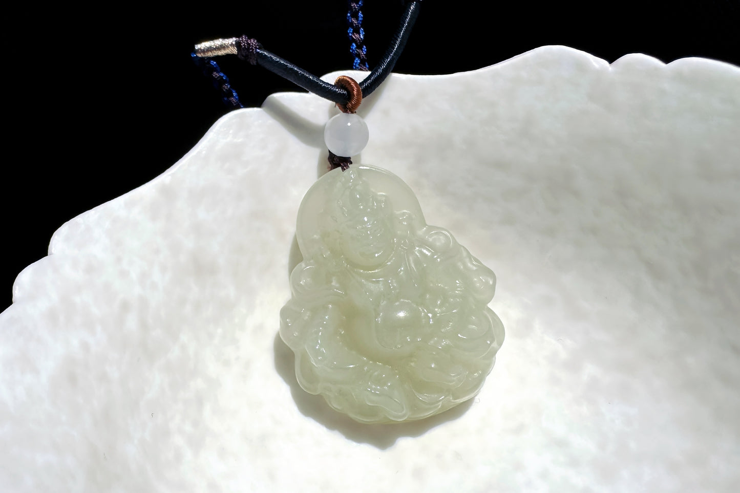 Certified Natural Icy Hetian Nephrite Mahakala Pendant, Carved Sunny Lake Green Nephrite Jade Pendant, 天然冰底晴水料和田玉大黑天吊坠