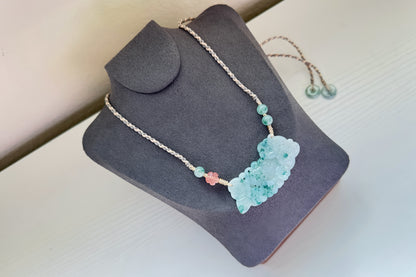 Genuine Grade A Jadeite Jade Necklace, Natural Carved Jade Flower and Butterfly, Handmade Jade Necklace, 天然缅甸A货翡翠锁骨吊坠老坑冰润飘蓝花蝶恋花仿古玉璜