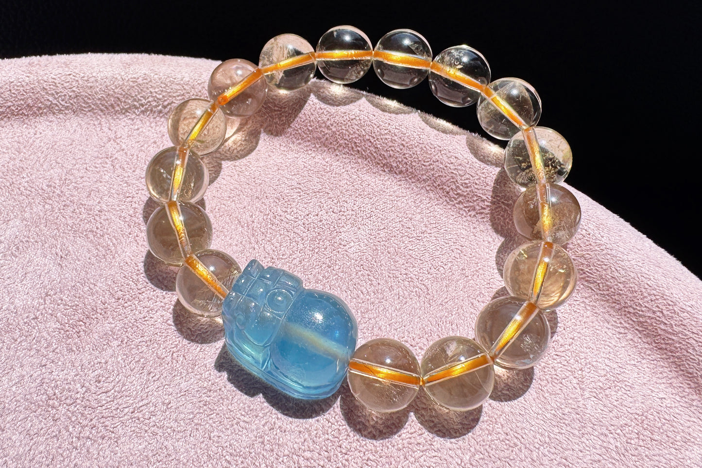 Certified Natrual Aquamarine and Lemon Citrine Bracelet, Lemon Quartz Bracelet, Aquamarine Pi-Xiu, Wealth Bracelet, 天然海蓝宝貔貅搭配柠檬黄水晶手串