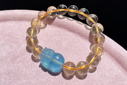 Certified Natrual Aquamarine and Lemon Citrine Bracelet, Lemon Quartz Bracelet, Aquamarine Pi-Xiu, Wealth Bracelet, 天然海蓝宝貔貅搭配柠檬黄水晶手串