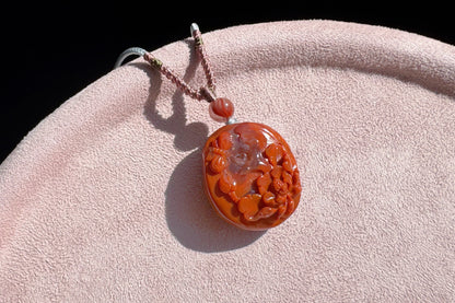Natural Nanhong Agate Hand Carved Butterfly and Peony Pendant, Chinese South Red Agate Necklace, 天然川料南红手工精雕蝶恋花吊坠