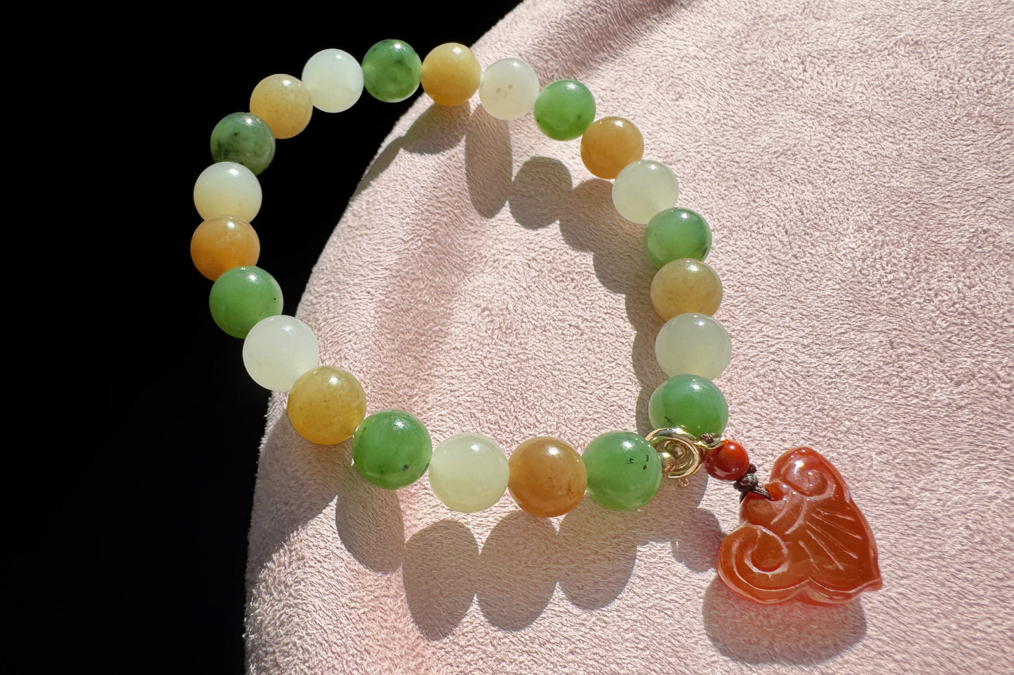 Natural High Grade Hetian Nephrite Beaded Bracelet, Multi-colored Nephrite Jade Bracelet, Nanhong Charm, 天然冰润高色阶和田玉多宝手串