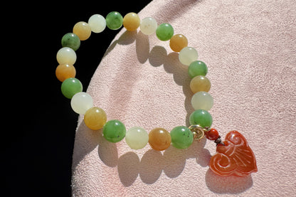 Natural High Grade Hetian Nephrite Beaded Bracelet, Multi-colored Nephrite Jade Bracelet, Nanhong Charm, 天然冰润高色阶和田玉多宝手串