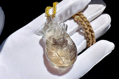 Natural Smokey Citrine Hand Carved Nine Tailed Fox and Money Bag Pendant, Smokey Citrine Necklace, 天然茶黄晶手工精雕九尾狐钱袋子吊坠
