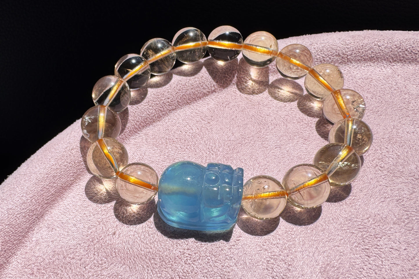 Certified Natrual Aquamarine and Lemon Citrine Bracelet, Lemon Quartz Bracelet, Aquamarine Pi-Xiu, Wealth Bracelet, 天然海蓝宝貔貅搭配柠檬黄水晶手串