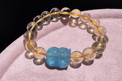 Certified Natrual Aquamarine and Lemon Citrine Bracelet, Lemon Quartz Bracelet, Aquamarine Pi-Xiu, Wealth Bracelet, 天然海蓝宝貔貅搭配柠檬黄水晶手串