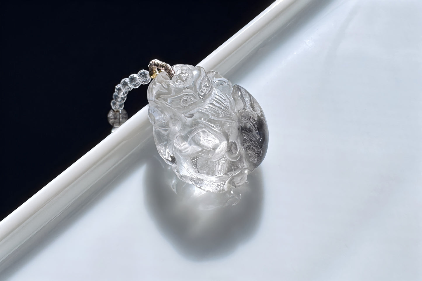 Natural Brookite Silver Rutilated Quartz Hand Carved Nine Tailed Fox Pendant, Silver Rutile Titanium Quartz Fox, 天然黑银钛晶手工精雕九尾狐吊坠
