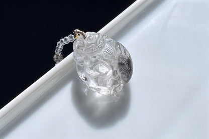 Natural Brookite Silver Rutilated Quartz Hand Carved Nine Tailed Fox Pendant, Silver Rutile Titanium Quartz Fox, 天然黑银钛晶手工精雕九尾狐吊坠