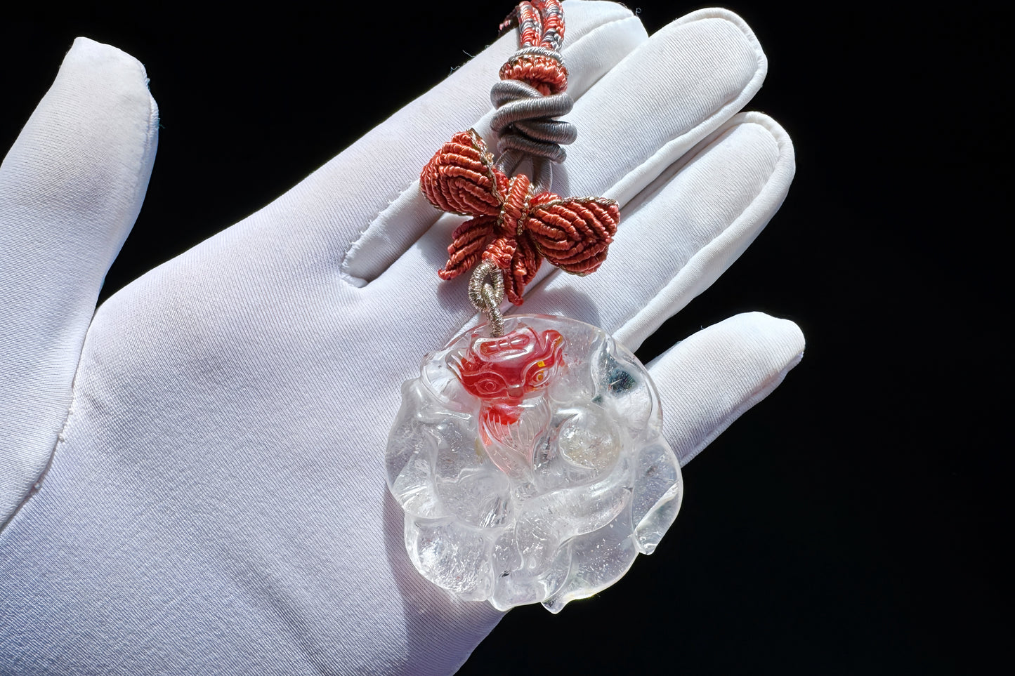 Natural Red Hematoid Quartz Hand Carved Nine Tailed Fox Pendant Necklace, Fire Quartz Pendant, 天然红胶花九尾狐牌