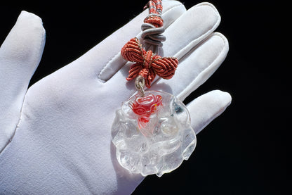 Natural Red Hematoid Quartz Hand Carved Nine Tailed Fox Pendant Necklace, Fire Quartz Pendant, 天然红胶花九尾狐牌