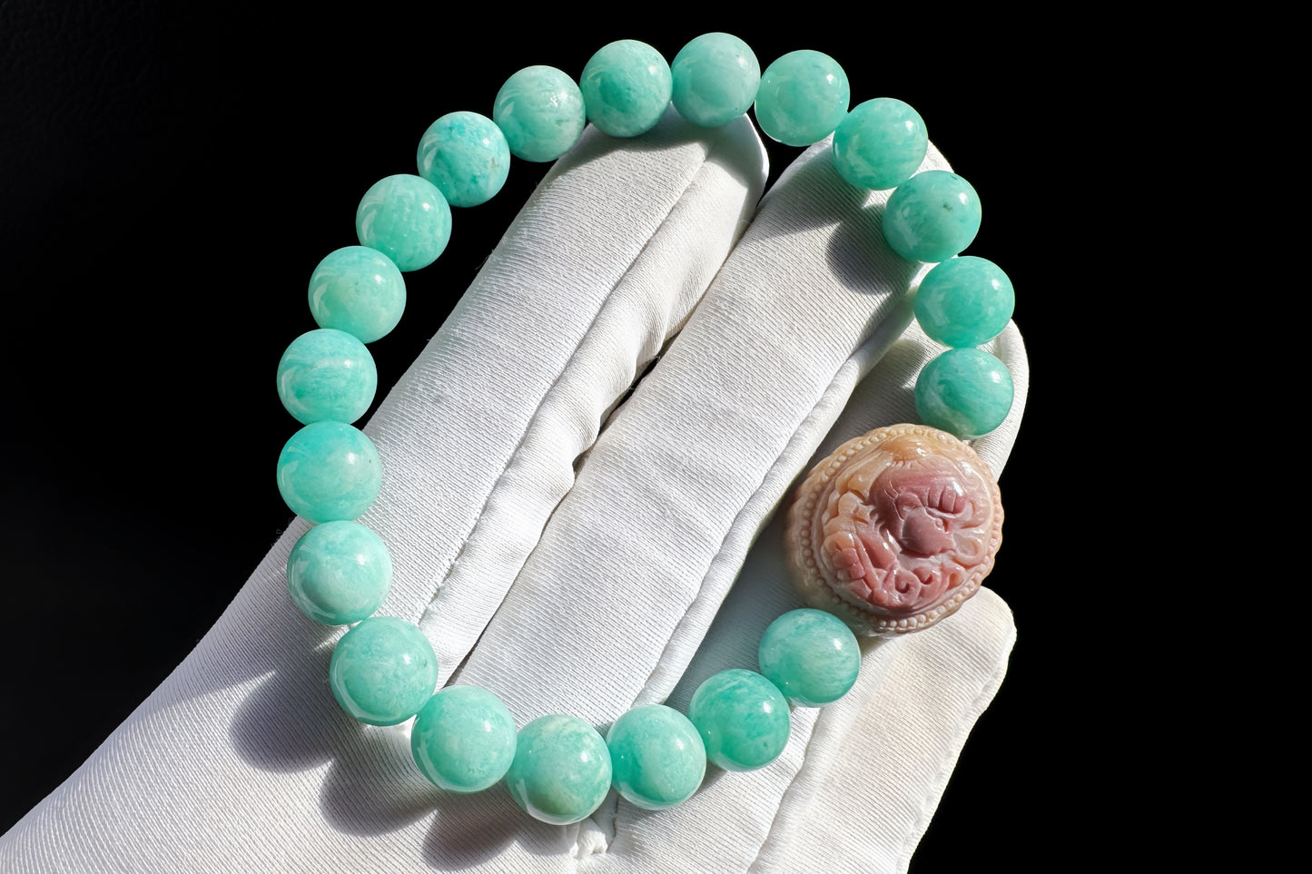 Natural Un-treated Amazonite Beaded Bracelet with Pink and yellow Alashan Sailor Moon, Amazonite Bracelet, 天然天河石手串搭配奶黄粉阿拉善水手月亮
