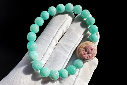 Natural Un-treated Amazonite Beaded Bracelet with Pink and yellow Alashan Sailor Moon, Amazonite Bracelet, 天然天河石手串搭配奶黄粉阿拉善水手月亮