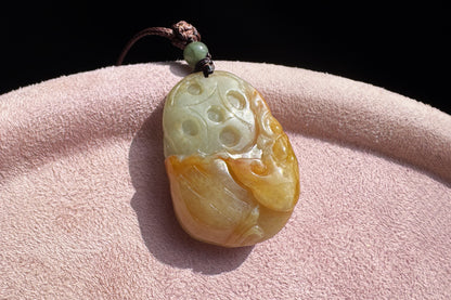 Genuine Grade A Jadeite Jade Hand Carved Kirin Pendant, Natural duo Color Green and Yellow Jade, Double-sides Carving, 天然缅甸A货翡翠老坑双色麒麟吊坠