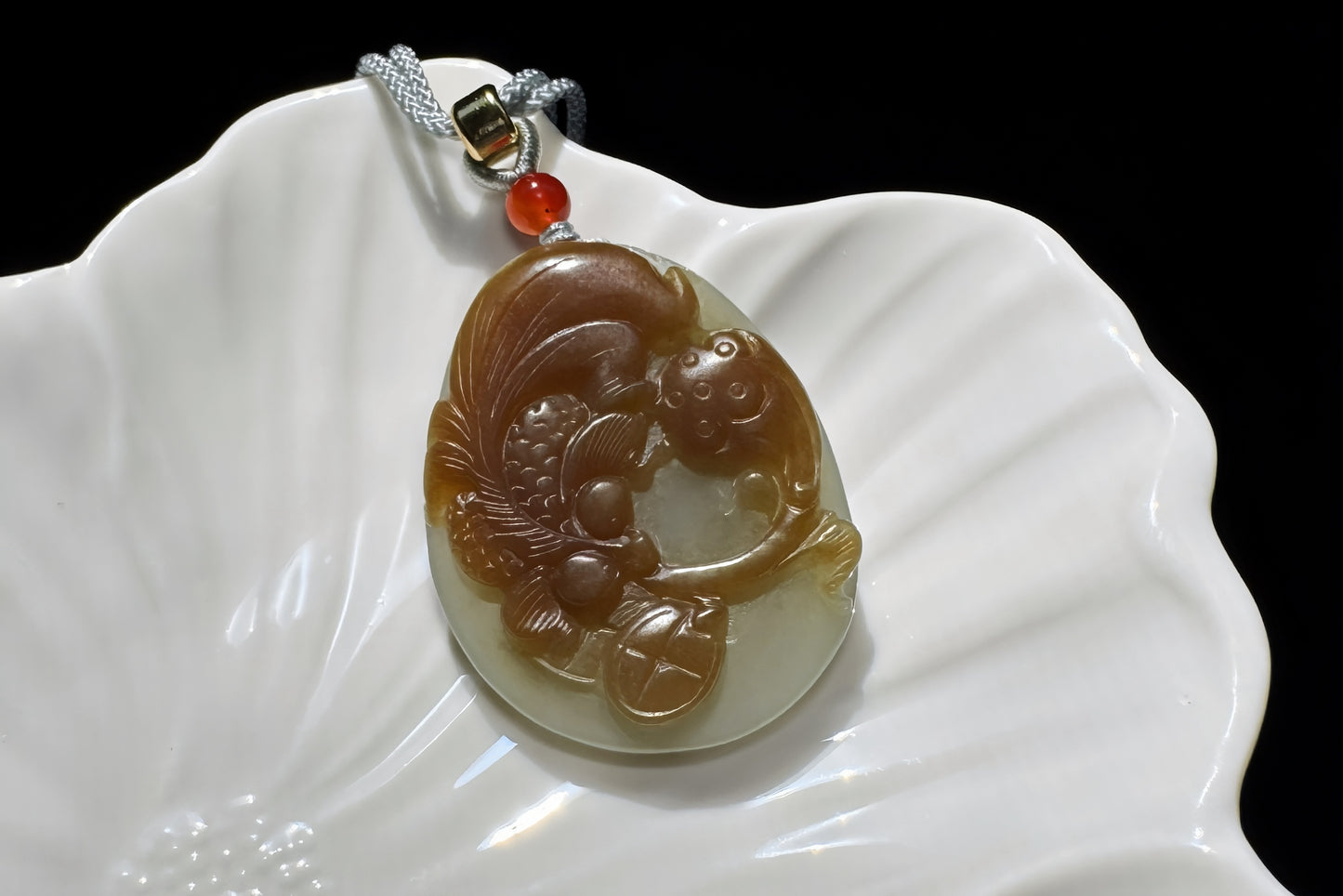 Natural Nephrite in Sugar Brown and Green Colors Hand Carved Koi Fish and Lotus Pendant, Carved Nephrite Jade Necklace, 天然糖青料玉手工雕刻鱼戏荷莲吊坠
