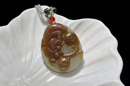 Natural Nephrite in Sugar Brown and Green Colors Hand Carved Koi Fish and Lotus Pendant, Carved Nephrite Jade Necklace, 天然糖青料玉手工雕刻鱼戏荷莲吊坠