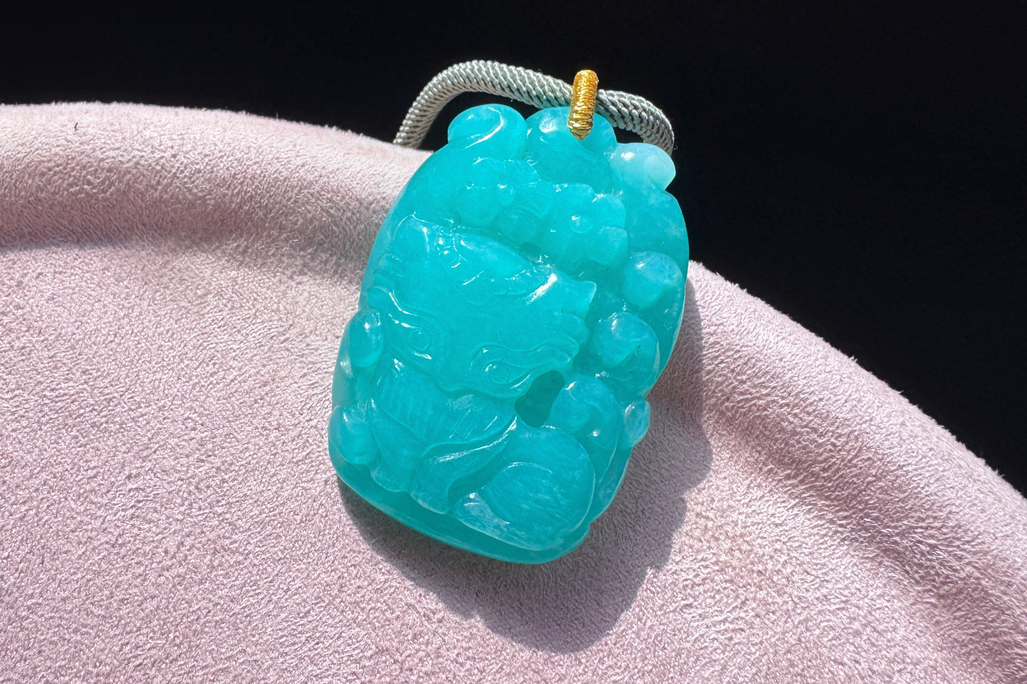 Natural Top Grade Amazonite Hand Carved Nine Tailed Fox and Peony Pendant, 天然精品天河石手工精雕九尾梅花吊坠