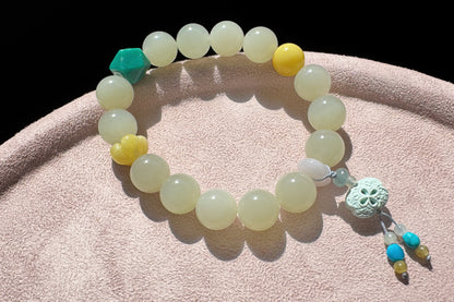 Natural Nephrite Bracelet with Faceted Turquoise, High Grade Nephrite Jade Bracet, Designer Jade Bracelet, 天然奶油晴白和田玉配松石蜜蜡