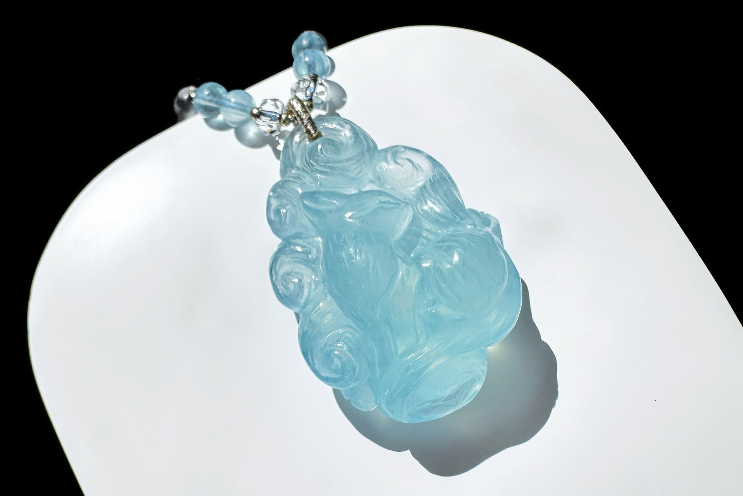 Natural High Grade Icy Aquamarine Nine Tailed Fox Pendant, Hand Carved Aquamarine, March Birthstone Fox Pendant, 天然精品海蓝宝手工精雕九尾狐吊坠