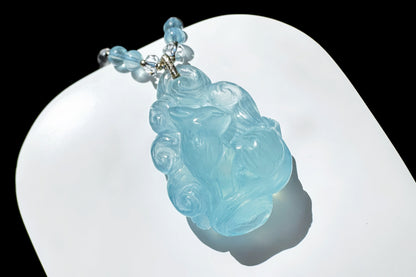 Natural High Grade Icy Aquamarine Nine Tailed Fox Pendant, Hand Carved Aquamarine, March Birthstone Fox Pendant, 天然精品海蓝宝手工精雕九尾狐吊坠