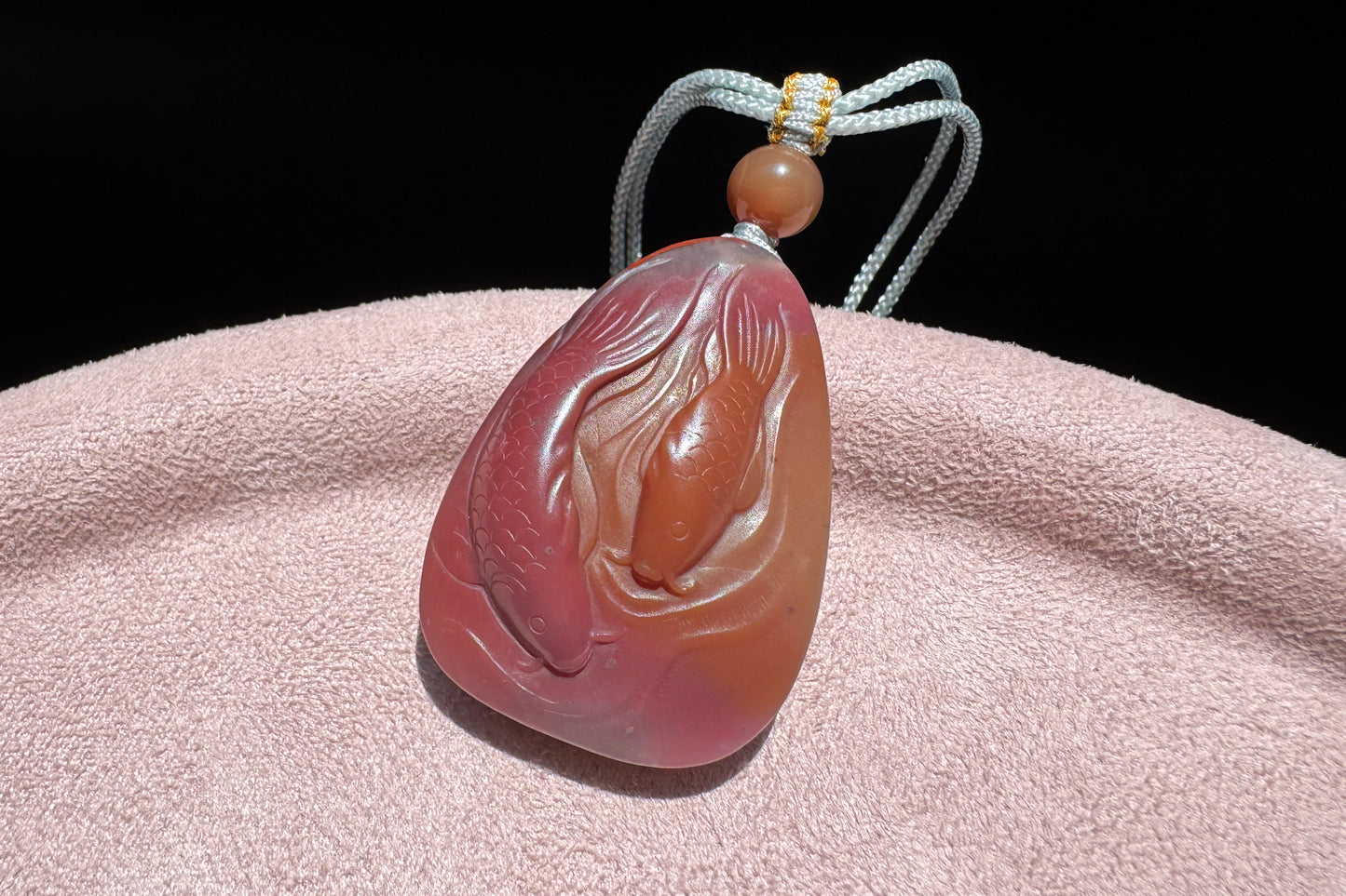 Natural Yanyuan Agate Hand Carved Twin Fish and Lotus Pendant, High Grade Yanyuan Fish and Lotus Necklace, 天然满色满肉盐源玛瑙精雕双鱼荷莲吊坠