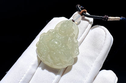 Certified Natural Icy Hetian Nephrite Mahakala Pendant, Carved Sunny Lake Green Nephrite Jade Pendant, 天然冰底晴水料和田玉大黑天吊坠