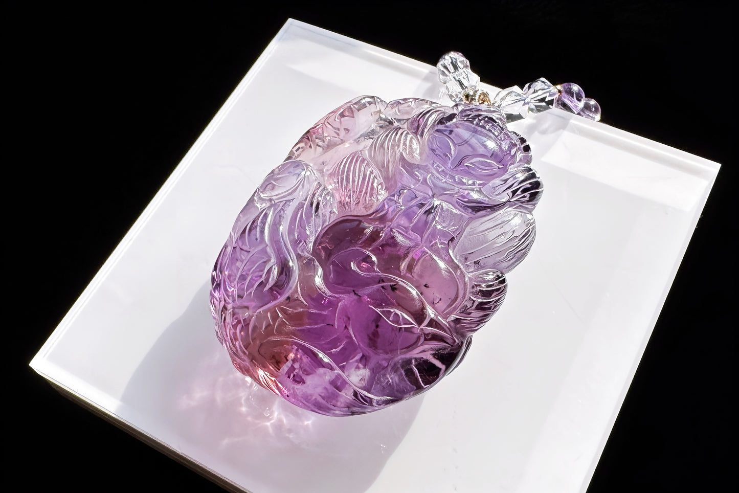 Large Naturual Amethyst Pendant Hand Carved Nine Tailed Fox and Phoenix, Brazilian Amethyst Fox and Phoenix Necklace, 天然巴西紫水晶手工雕刻九尾凤凰吊坠