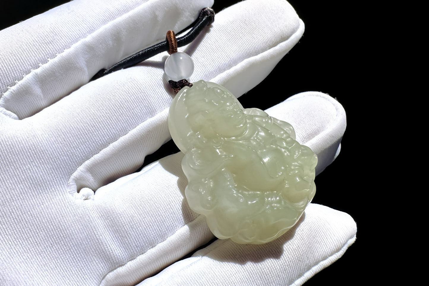 Certified Natural Icy Hetian Nephrite Mahakala Pendant, Carved Sunny Lake Green Nephrite Jade Pendant, 天然冰底晴水料和田玉大黑天吊坠